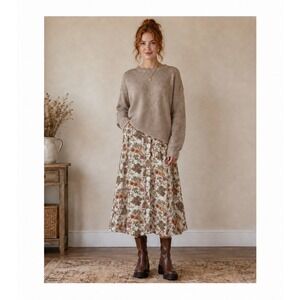 Industry Floral Paisley Midi Skirt Cream Rust Olive M Linen Blend Cottage Prarie
